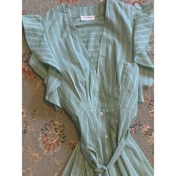 Storia 100% Cotton Green Striped Button Front Ruffle Sleeve Mini Dress, S - Picture 5 of 5